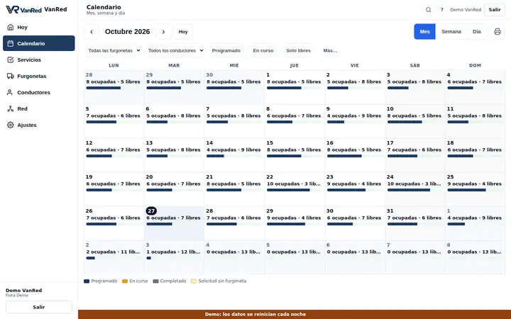 Calendario de ocupación de la flota en la demo, con datos de ejemplo